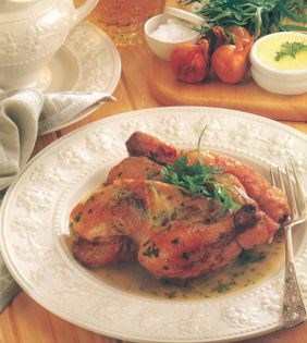 Roasted baby chickens with herb butter