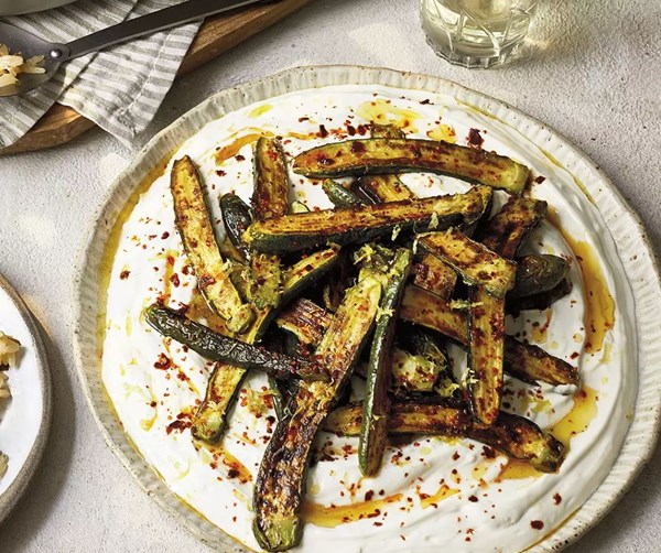 Roasted baby courgettes on strained garlic yogurt