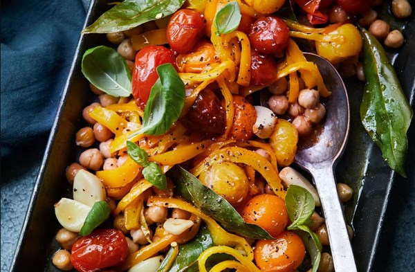 Roasted baby tomatoes & chickpeas with bay and garlic
