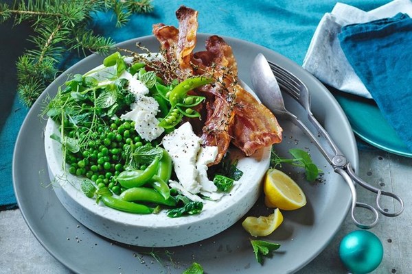 Roasted bacon with buttered peas and spinach