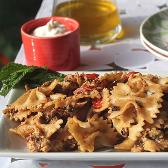 Roasted balsamic vegetable pasta with mint & yogurt
