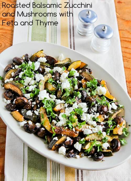 Roasted balsamic zucchini and mushrooms with feta and thyme