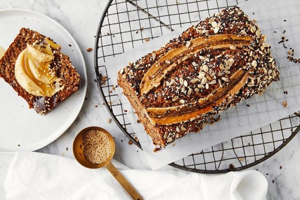 Roasted banana, yoghurt and mixed seed loaf
