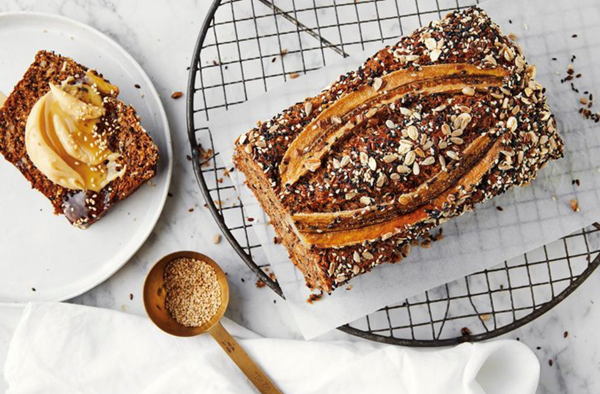Roasted banana, yoghurt and mixed seed loaf