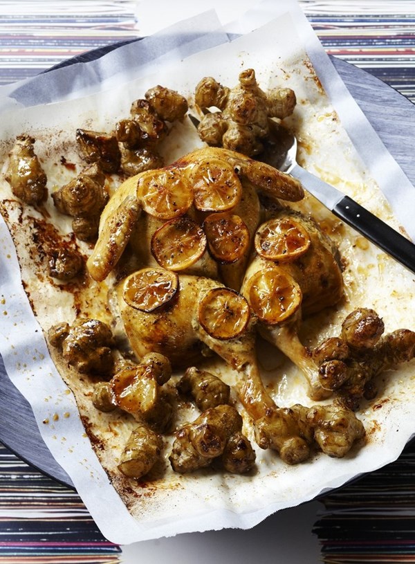 Roasted basil and lemon chicken with Jerusalem artichokes