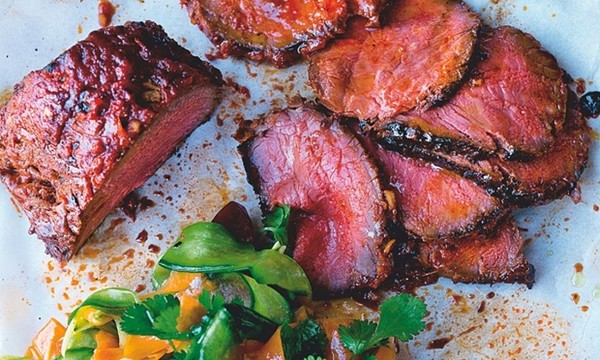 Roasted beef sirloin with cucumber kimchi and fresh plum