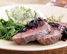 Roasted beef tenderloin with caramelized shallots and red wine sauce