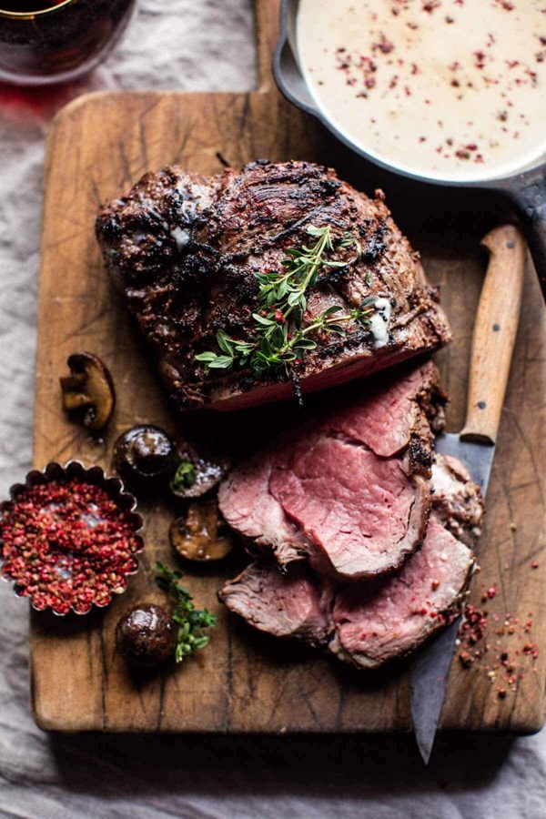 Roasted beef tenderloin with mushrooms and white wine cream sauce