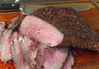 Roasted beef tri tip with four-peppercorn crust