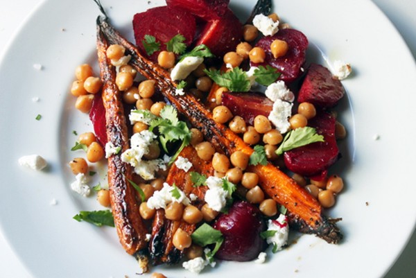 Roasted beet and carrot salad with chickpeas and goat cheese