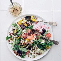Roasted beet and quinoa salad with goat cheese, fennel, and pecans