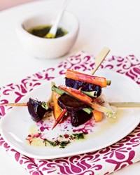 Roasted beet, carrot, and scallion skewers with tarragon