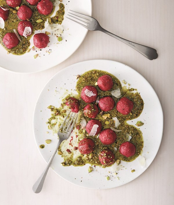 Roasted beet gnudi with pistachio pesto