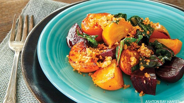 Roasted beet quarters with mustardy crumbles