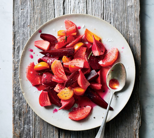 Roasted beet, ruby red grapefruit, and warm honey salad