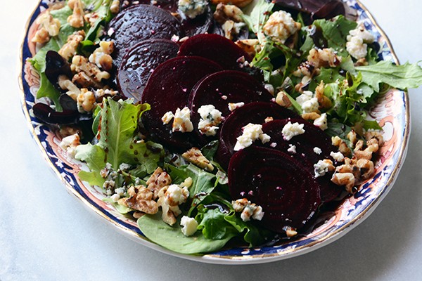 Roasted beet salad with blue cheese and easy maple-balsamic reduction