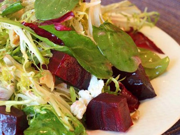 Roasted beet salad with goat cheese, walnuts and honey Dijon vinaigrette