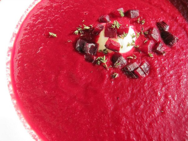 Roasted beet soup with thyme, lemon, and crème fraîche