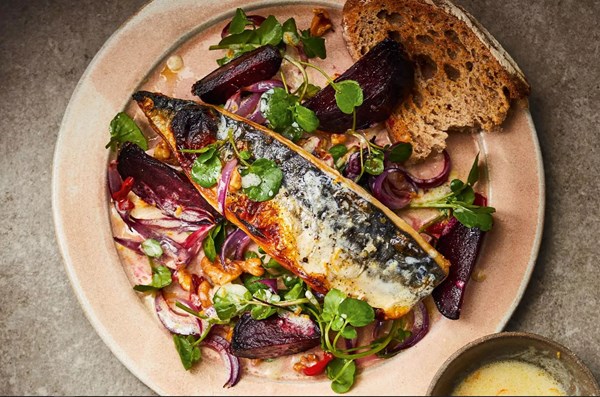 Roasted beetroot & mackerel with orange dressing