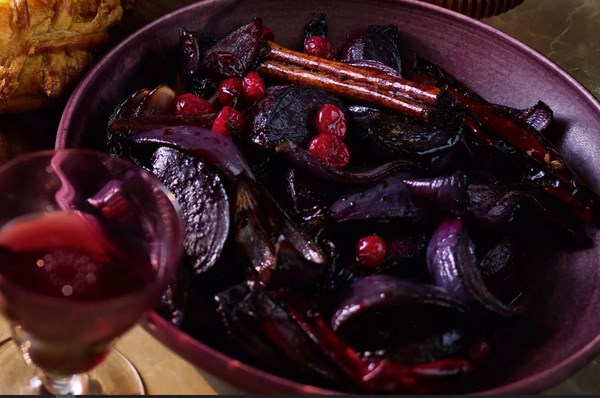 Roasted beetroot & red onions with cranberries and balsamic glaze