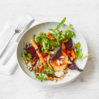 Roasted beetroot and carrot with warm goats' cheese cakes
