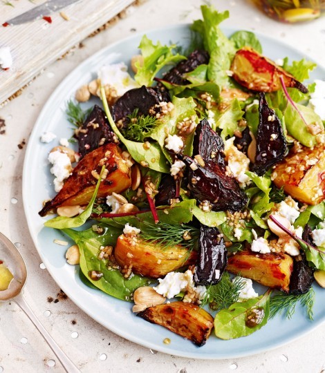 Roasted beetroot and marinated feta salad with dill and toasted almonds
