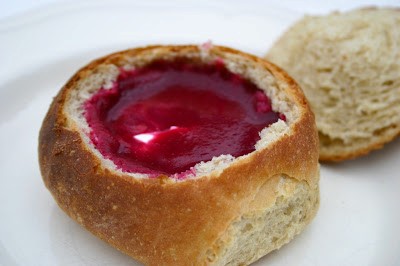 Roasted beetroot and potato soup in homemade bread bowls