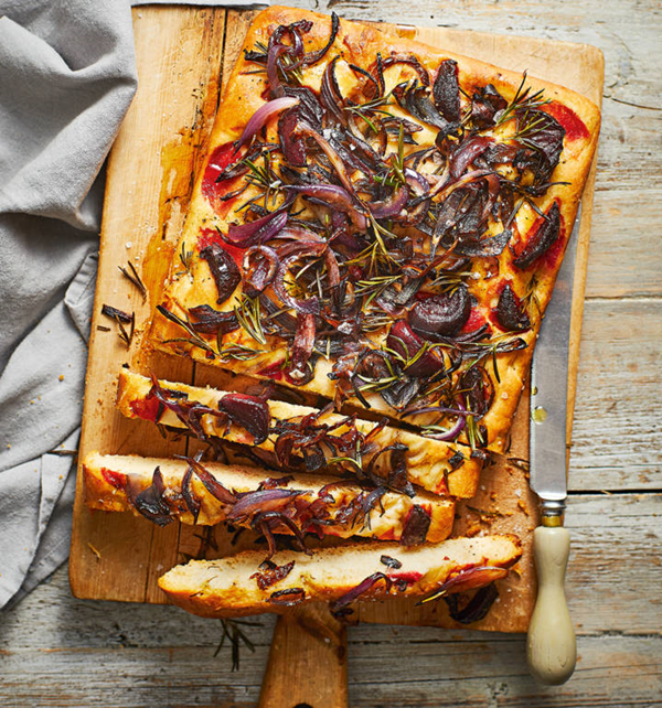 Roasted beetroot and red onion focaccia [Freya Cox]
