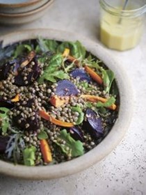Roasted beetroot, carrot, lentil and cumin seed salad