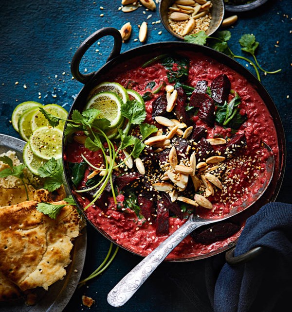 Roasted beetroot dhal with homemade coriander chutney [Lily Gjertsen]