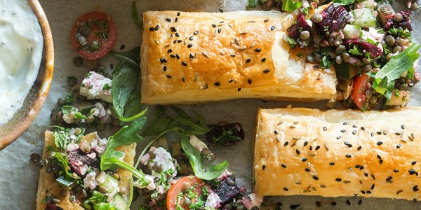 Roasted beetroot, feta and Puy lentil galette