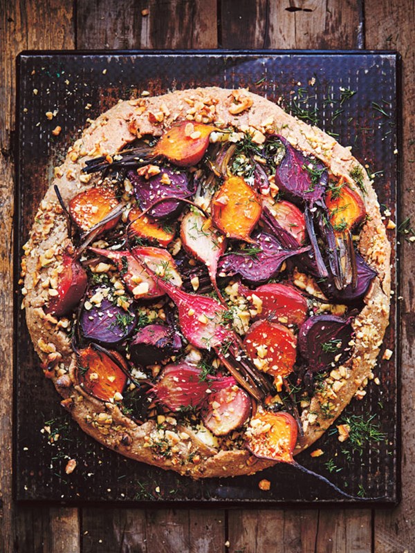 Roasted beetroot, feta and silverbeet tart