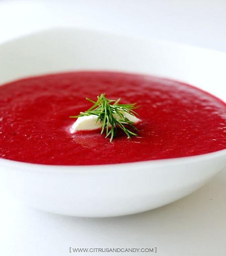 Roasted beetroot soup with crème fraîche and dill