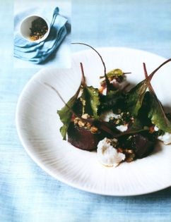 Roasted beetroot with baby chard, goat's cheese and walnuts