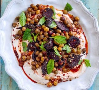 Roasted beetroot with za'atar, chickpeas & harissa yogurt