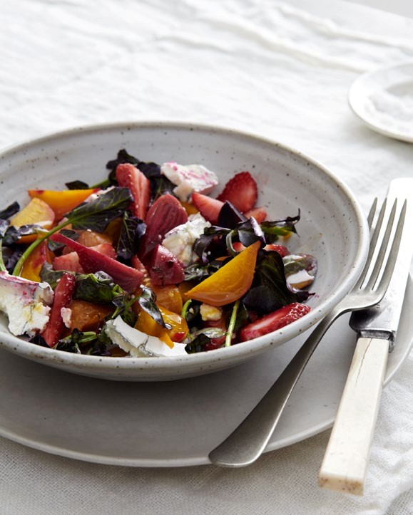 Roasted beets and fresh strawberries with orange syrup and goat cheese