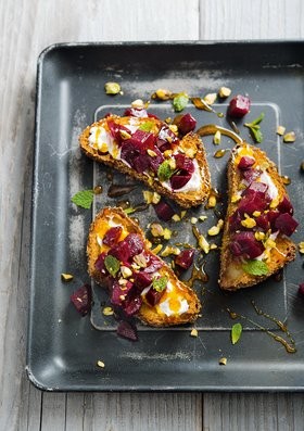 Roasted beets on toast with labneh and saffron honey recipe | Eat Your ...