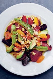 Roasted beets with avocado, orange, toasted hazelnuts & sherry vinegar