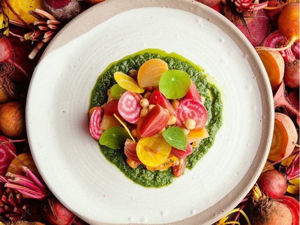 Roasted beets with chickpea caponata & nasturtium pesto