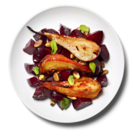 Roasted beets with pears and pistachios