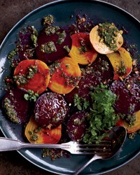 Roasted beets with pistachios, herbs and orange