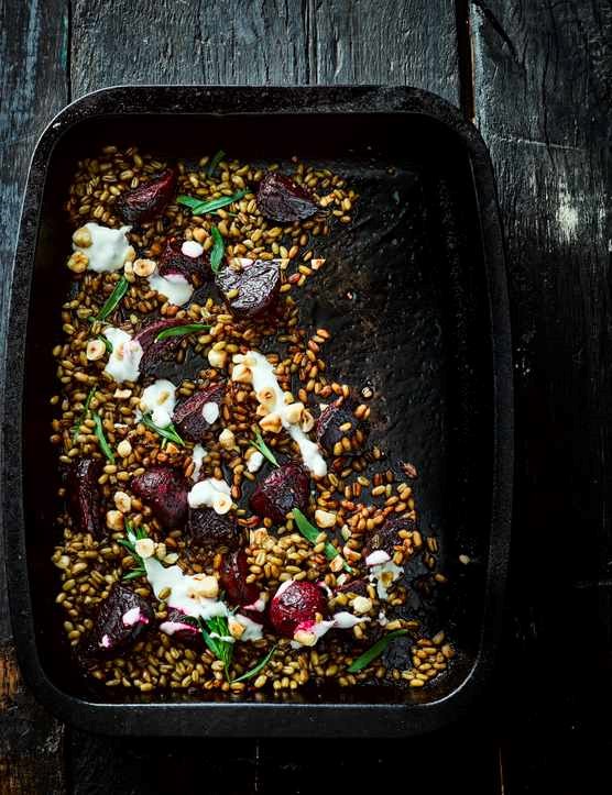 Roasted beets with sherry vinegar and freekeh