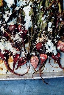 Roasted beets with tops, herbed yogurt & horseradish
