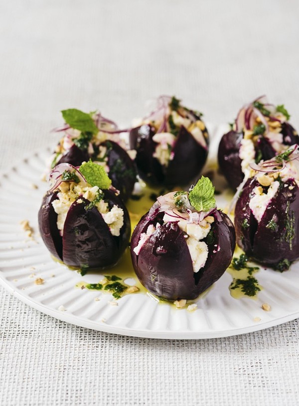 Roasted beets with white balsamic vinaigrette, ricotta and hazelnuts