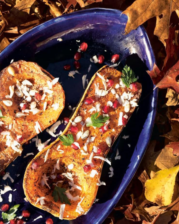 Roasted berbere spiced butternut squash with shaved matsutake