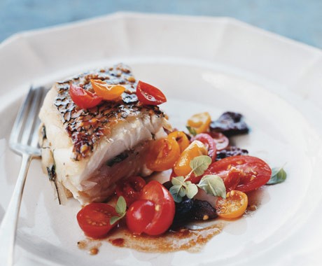 Roasted black sea bass with tomato and olive salad