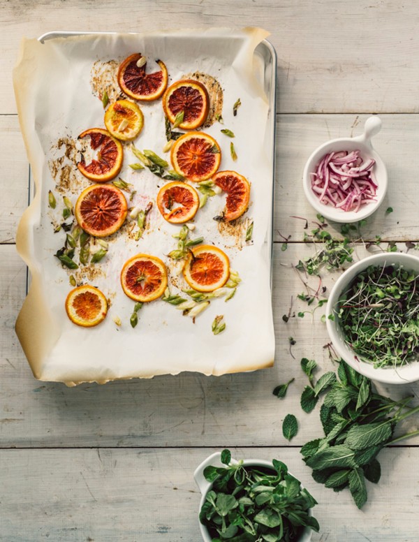 Roasted blood orange and scallion salad with red onion and mint