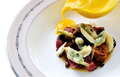 Roasted breast of mallard with crispy leg, pumpkin soup and roasted chestnuts