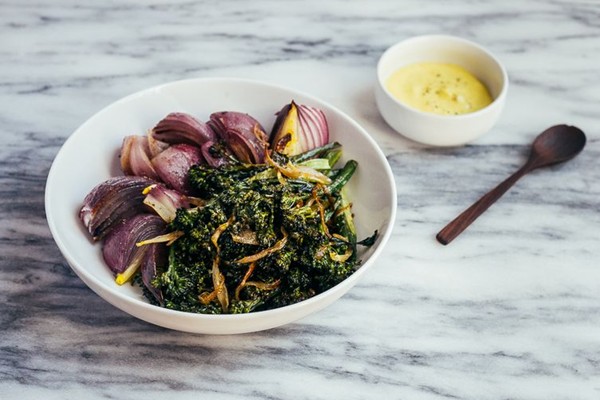 Roasted broccoli and red onions with caramelized shallots and aioli