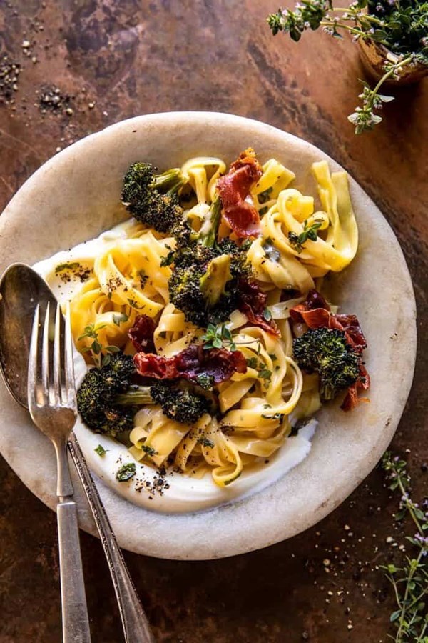 Roasted broccoli pasta carbonara with crispy prosciutto and whipped ricotta